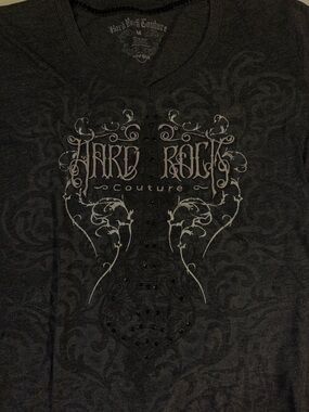 Hard Rock Couture Women's Dark Gray V-Neck Tee with Embellished Graphic